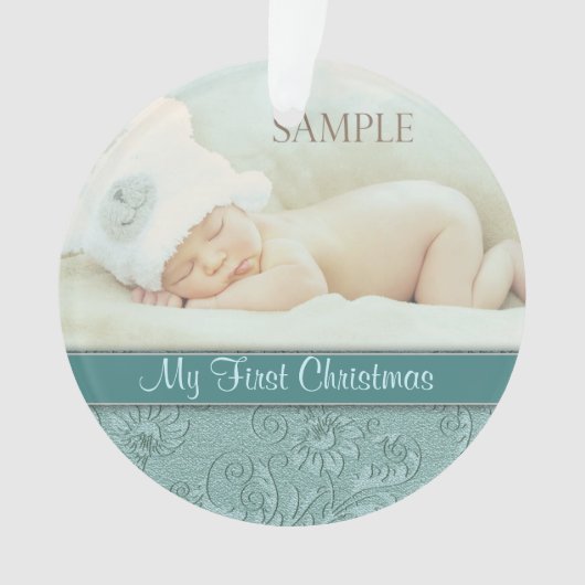 Aqua Floral Swirl Baby First Christmas Ornament (Vorderseite)