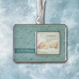 Aqua Floral Swirl Baby First Christmas Rahmen-Ornament Silber