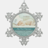 Aqua Floral Swirl Baby First Christmas Schneeflocken Zinn-Ornament (Vorderseite)