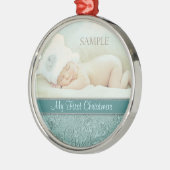 Aqua Floral Swirl Baby First Christmas Silbernes Ornament (Links)