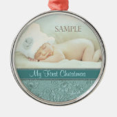 Aqua Floral Swirl Baby First Christmas Silbernes Ornament (Vorne)