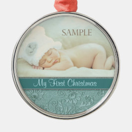 Aqua Floral Swirl Baby First Christmas Silbernes Ornament