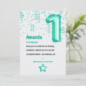 Aqua Foil Balloon und Confetti 1. Geburtstag Einladung (Stehend Vorderseite)
