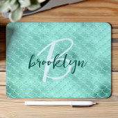 Aqua Foil Mermaid Fish Scales Script Monogram Mousepad