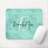 Aqua Foil Mermaid Fish Scales Script Monogram Mousepad (Mit Mouse)