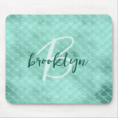 Aqua Foil Mermaid Fish Scales Script Monogram Mousepad (Vorne)