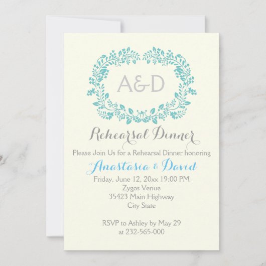 Aqua Foliage Initialen Hochzeitliches Probe-Dinner Einladung (Vorderseite)