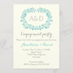 Aqua Foliage Initials Hochzeitsfeier Einladung