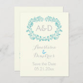 Aqua Foliage Rahmen Initialen Hochzeit Speichern S Ankündigungspostkarte (Vorne/Hinten)