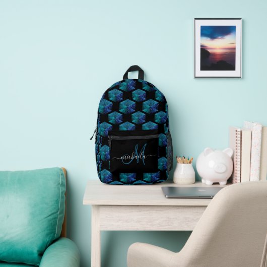 Aqua funkelnd geometrisches Muster schwarz Monogra Bedruckter Rucksack (InSitu)