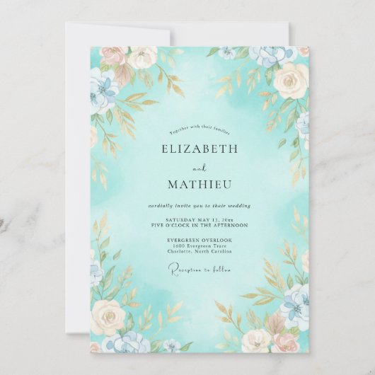 Aqua Gemalte Blütenhochzeit Einladung (Vorderseite)