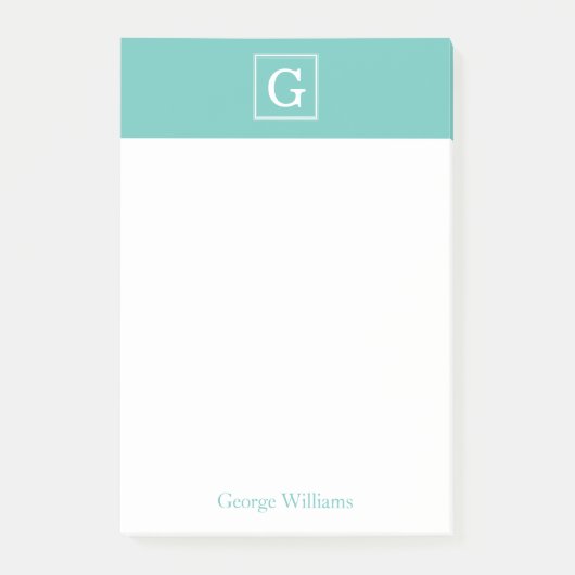 Aqua Gerahmt Monogram Personalisiert Post-it Klebezettel (Vorderseite)