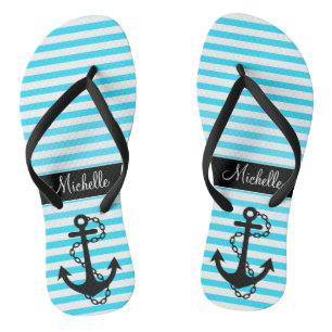 Aqua gestreifte Flip Flops mit Anker und Namen Badesandalen