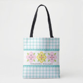 Aqua Gingham Floral Mit Monogramm Tasche (Vorderseite)
