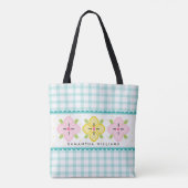 Aqua Gingham Floral Mit Monogramm Tasche (Rückseite)
