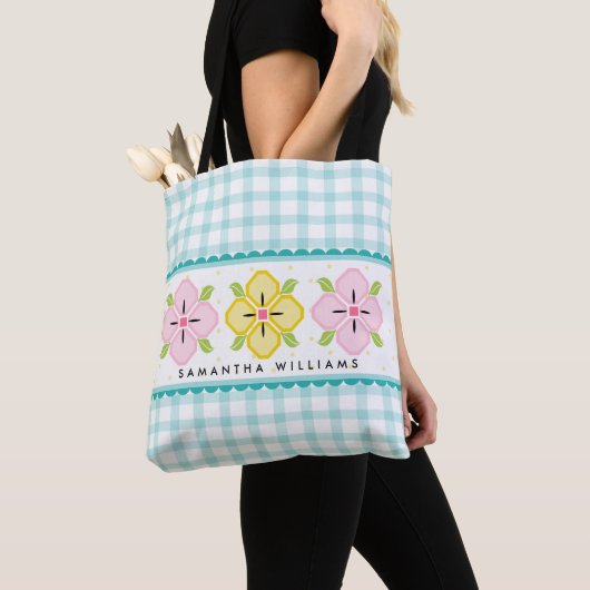 Aqua Gingham Floral Mit Monogramm Tasche (Von Nahem)