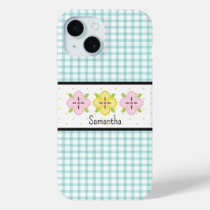 Aqua Gingham Karo Blumen Monogramm Case-Mate iPhone Hülle