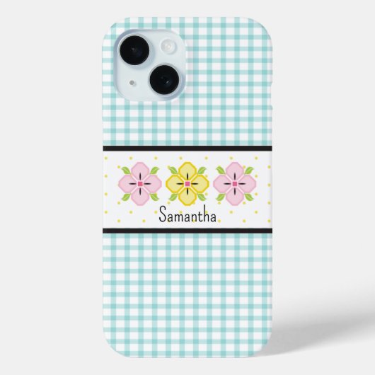 Aqua Gingham Karo Blumen Monogramm Case-Mate iPhone Hülle (Rückseite)