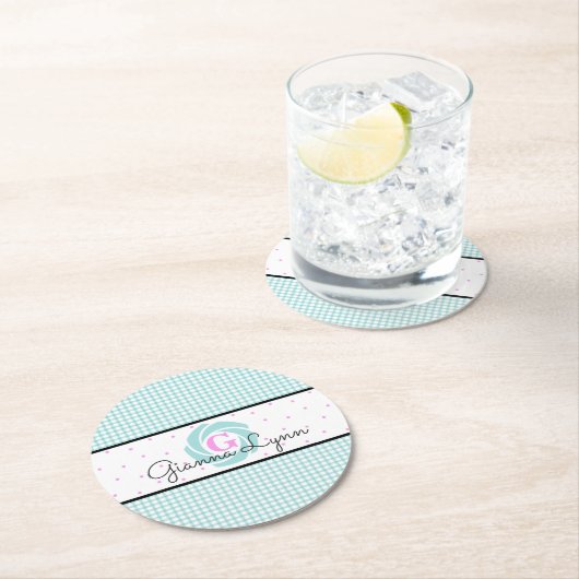 Aqua Gingham Mit Monogramm Runder Pappuntersetzer (Vor Ort)