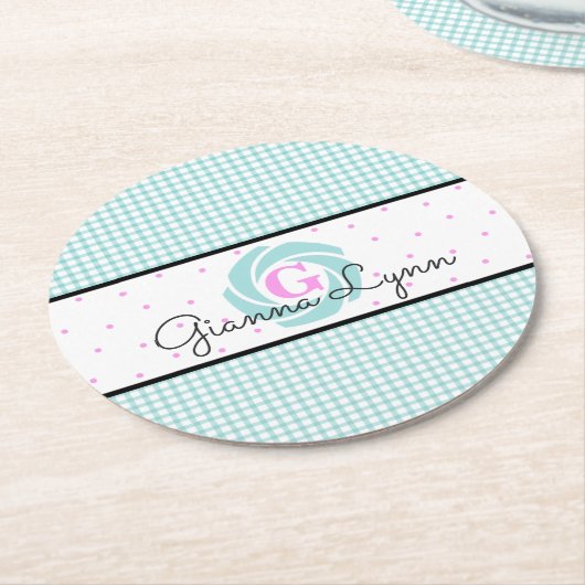 Aqua Gingham Mit Monogramm Runder Pappuntersetzer (Angewinkelt)