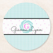 Aqua Gingham Mit Monogramm Runder Pappuntersetzer (Vorderseite)
