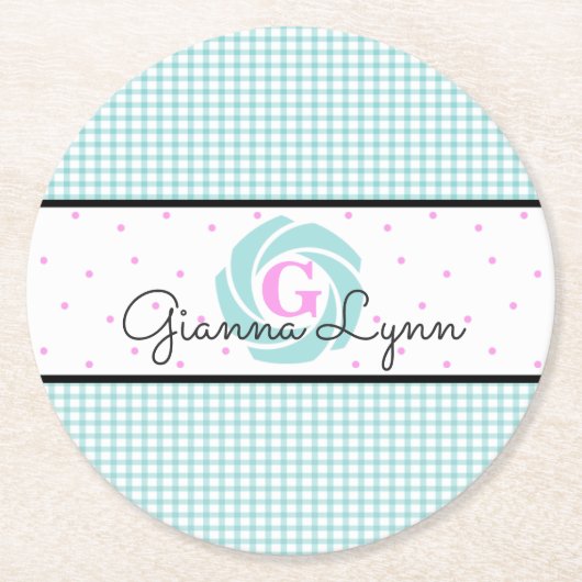 Aqua Gingham Mit Monogramm Runder Pappuntersetzer (Vorderseite)