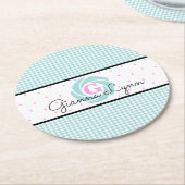 Aqua-Gingham-Monogramm Runder Pappuntersetzer (Angewinkelt)