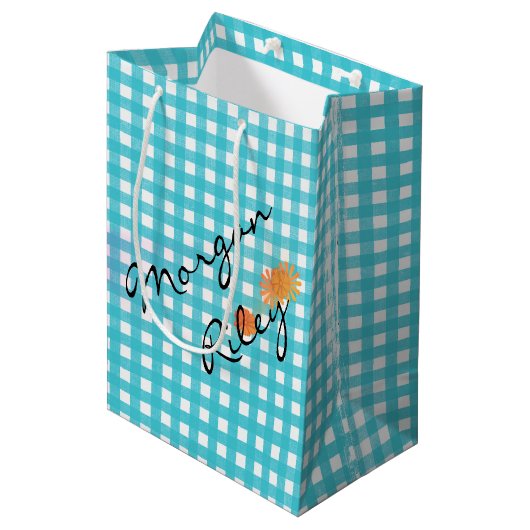 Aqua Gingham und Blume Mittlere Geschenktüte (Vorderseite Schrägansicht)
