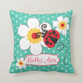 Aqua girls ladybug name flower polka dot pillow kissen