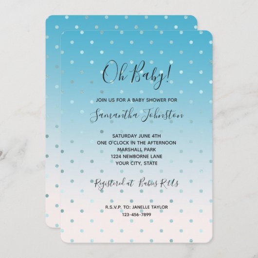 Aqua Glam Dots Ombre Babydusche Einladung (Vorne/Hinten)