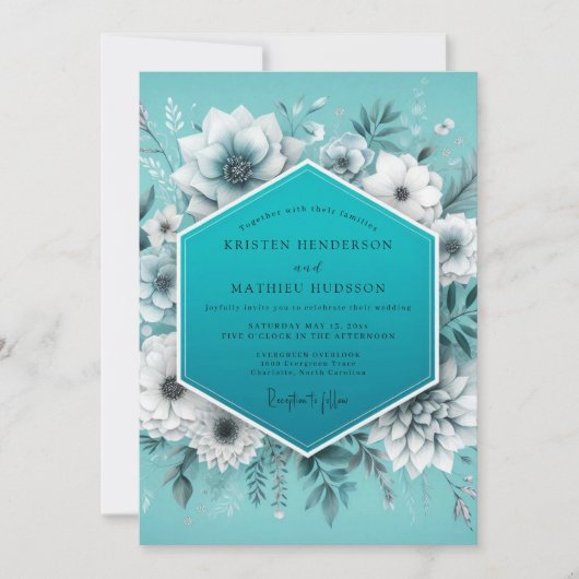 Aqua Glaziale Flora Hochzeit Einladung (Vorderseite)