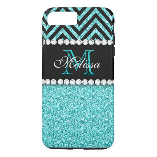AQUA GLITTER SCHWARZES CHEVRON-MONOGRAMM Case-Mate iPhone HÜLLE (Rückseite)