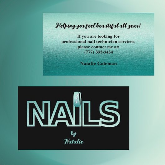 Aqua Glitzer & Black Nail Technician Business Card Visitenkarte