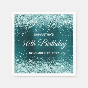Aqua Glitzer Dark Aquamarin Blue Foil 50. Geburtst Serviette