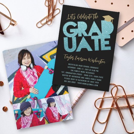 Aqua Glitzer Graduate Cutout Graduation Party Einladung