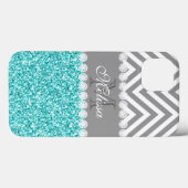 AQUA-GLITZER, GRAU ZICKZACK, MIT MONOGRAMM Case-Mate iPhone HÜLLE (Rückseite (Horizontal))