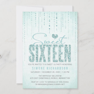 Aqua Glitzer Look Sweet 16 (sechzehn) Party Einladung