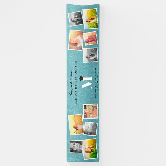 Aqua Glitzer Monogram 10 Foto Graduation Party Banner (Vertikal)