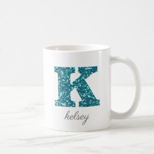 Aqua Glitzer Muster Letter K Name Tasse