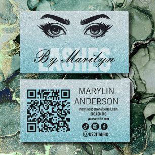 Aqua Glitzer Ombre Lash Tech QR Code Scannable Visitenkarte