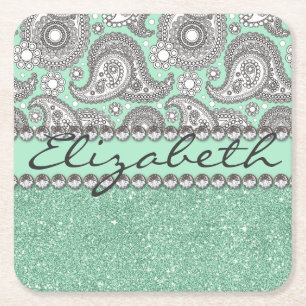 Aqua-Glitzer-Paisley-diamante de Rechteckiger Pappuntersetzer
