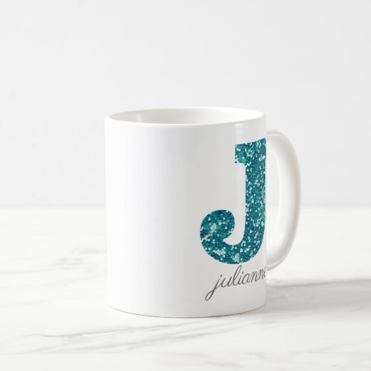 Aqua Glitzer Pattern Letter J Tasse (VorderseiteRechts)