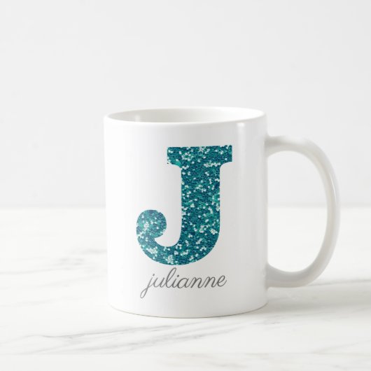 Aqua Glitzer Pattern Letter J Tasse (Rechts)
