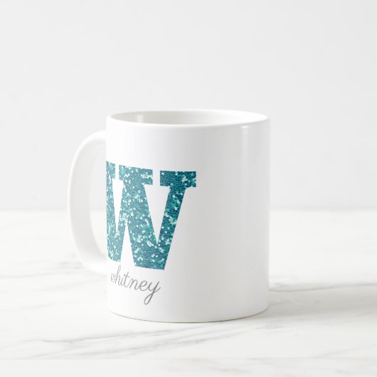 Aqua Glitzer Pattern Letter W Tasse (Vorderseite Links)
