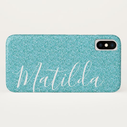 Aqua Glitzer Personalisiert Name Script Case-Mate iPhone Hülle (Rückseite (Horizontal))