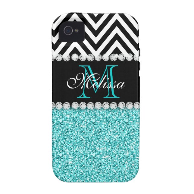 AQUA-GLITZER-SCHWARZ-ZICKZACK MIT MONOGRAMM Case-Mate iPhone HÜLLE (Rückseite)