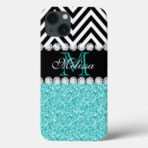 AQUA GLITZER SCHWARZ ZICKZACK MIT MONOGRAMM Case-Mate iPhone HÜLLE