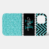 AQUA GLITZER SCHWARZ ZICKZACK MONOGRAMM Case-Mate iPhone HÜLLE (Rückseite (Horizontal))