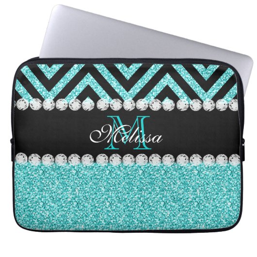 AQUA-GLITZER-SCHWARZ-ZICKZACK MONOGRAMM LAPTOPSCHUTZHÜLLE (Vorderseite)