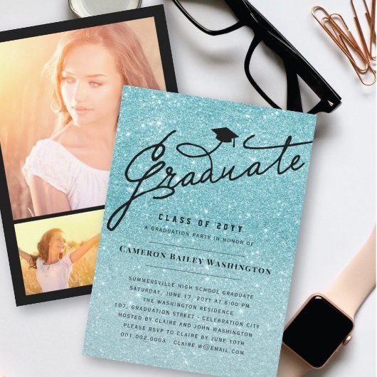 Aqua Glitzer Stilvolle Graduiertenparty Einladung